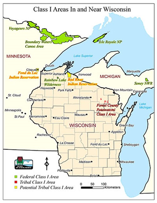 Map of Class I Areas in and near Wisconsin