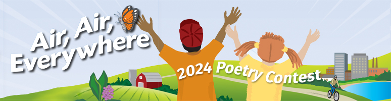 Image of two happy kids throwing their hands in the air and overlooking a farm.  There is a title that says "Air, Air, Everywhere" and a subtitle that says "2024 Poetry Contest".