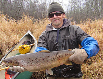 Fisheries biologist Kirk Olson holding a brown trout collected from the Brule River.
