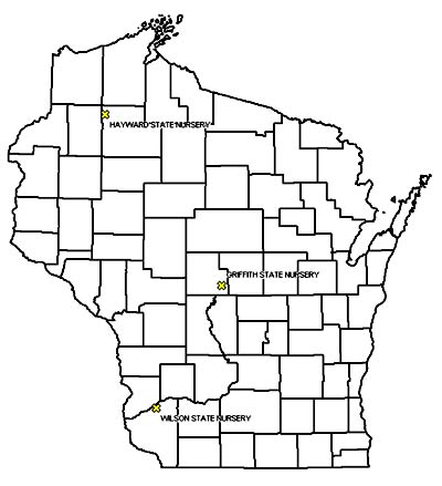 Map of Wisconsin showing nursery locations.