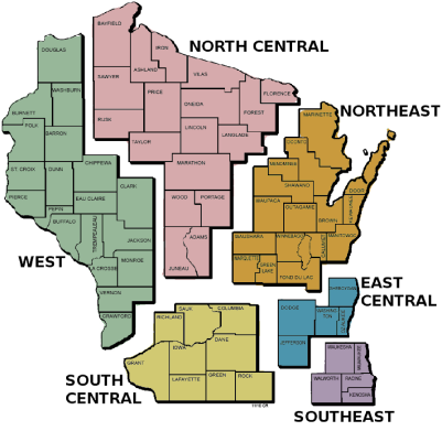 A map of Wisconsin, divided based on region.