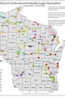 A Wisconsin map showing the cougar sightings from Jan. 2017 to Jan. 2024.