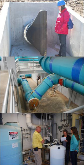 Top to bottom: overflow discharge pipe duckbill, process flow piping, chemical addition system.